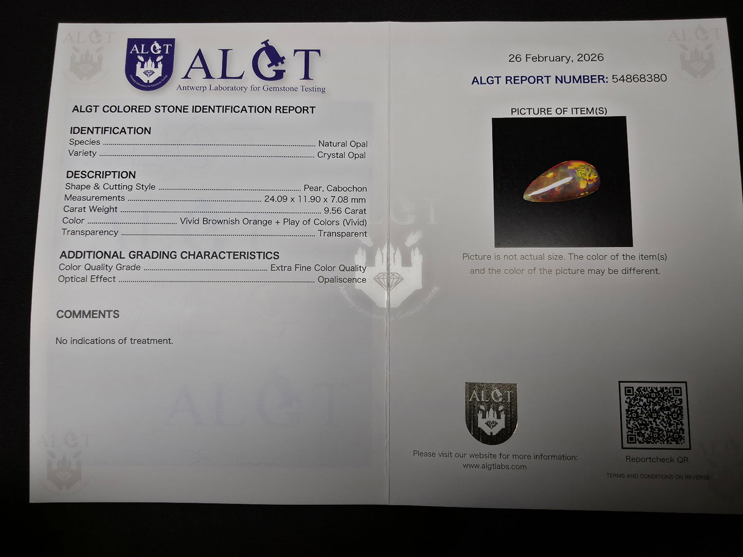 9.56ct Natural Dark Based Opal | ALGT Certified