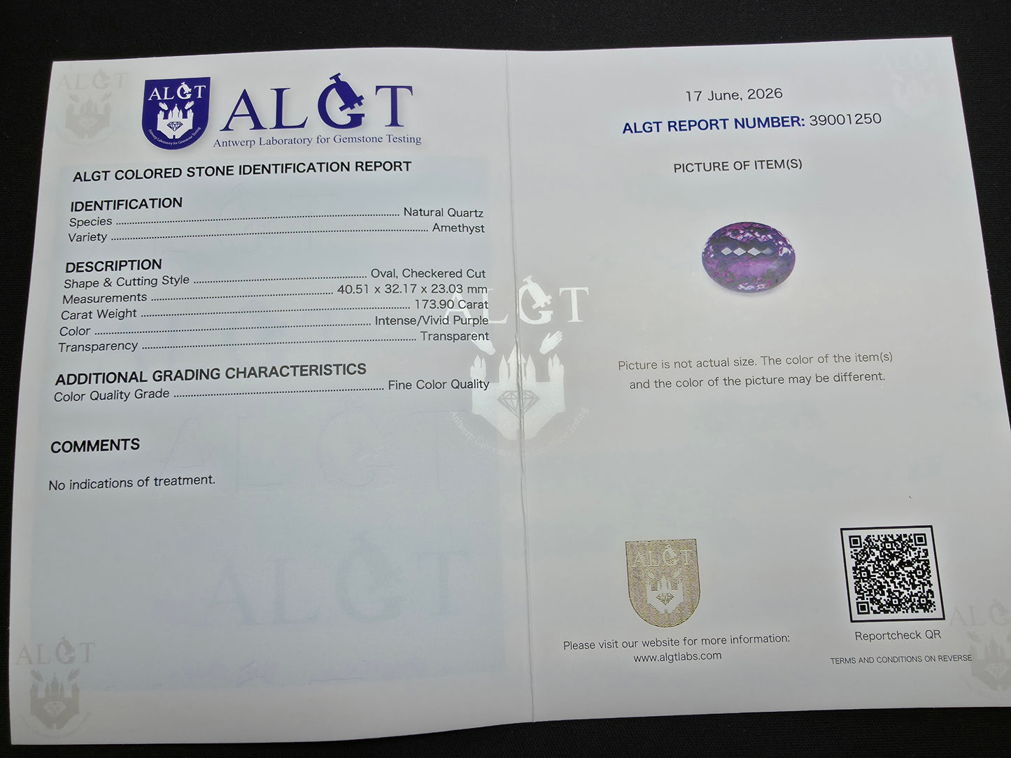 173.90ct Amethyst Oval Checkered Cut | ALGT Certificate